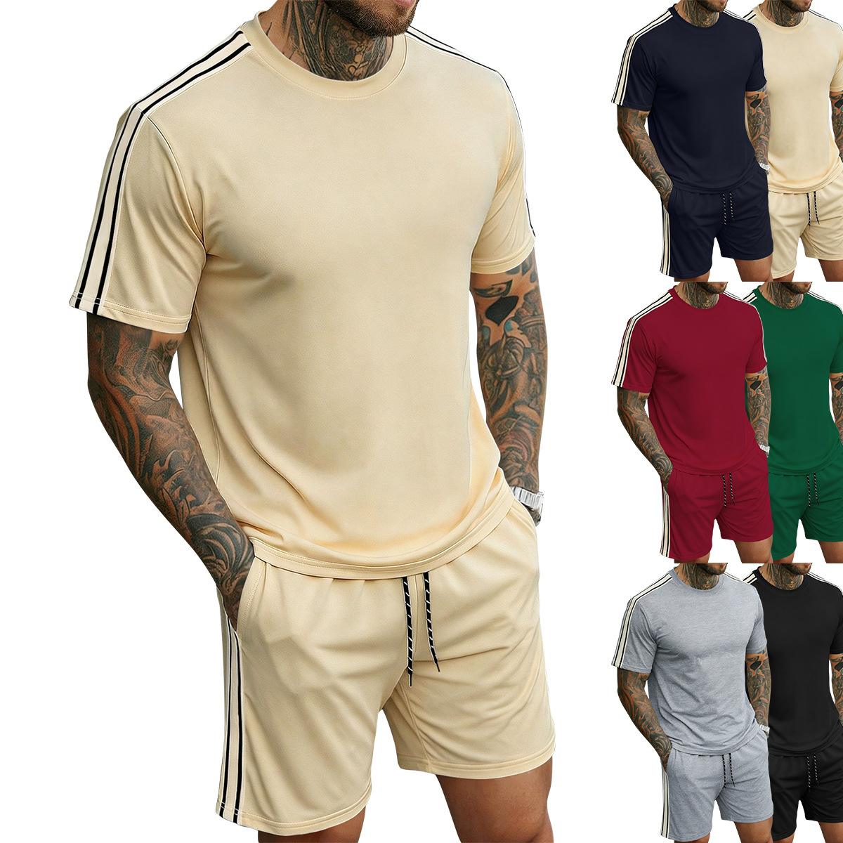 Amazon Independent Station Spring and Autumn New Round Neck Shirt Short Sleeve Shorts Side Stripe Casual Fashion Men's 2-Piece Set