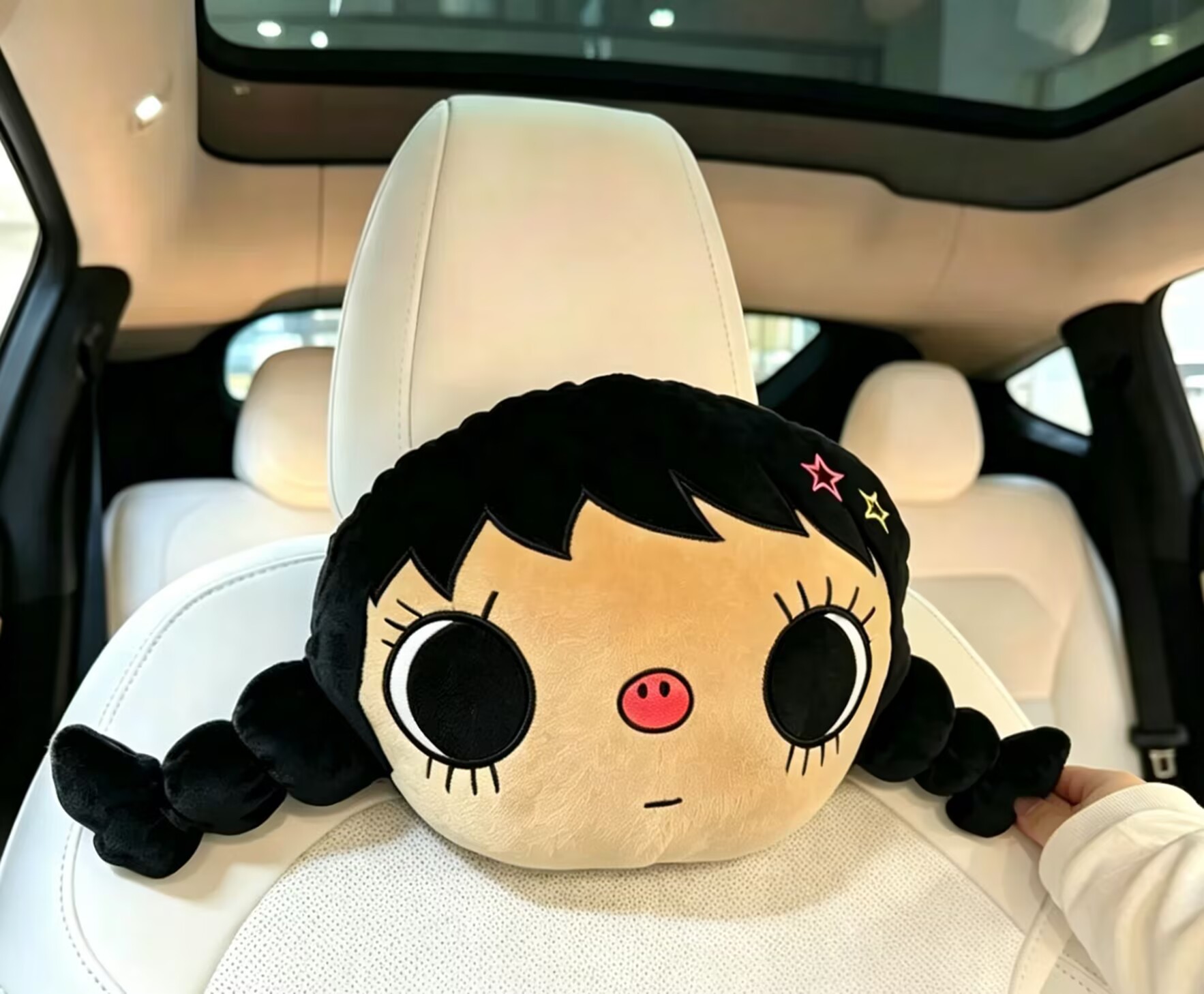 Trendy Big-Eyed Doll Car Headrest, Black Braided Girl Plush Neck Pillow, Internet Celebrity Style Throw Pillow