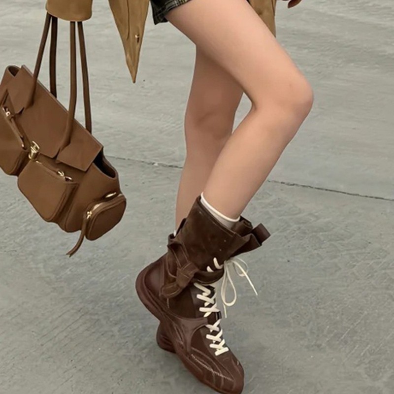 牛皮版~内增高拳击靴女系带马丁靴户外运动猎鸭靴厚底德训靴子女|undefined