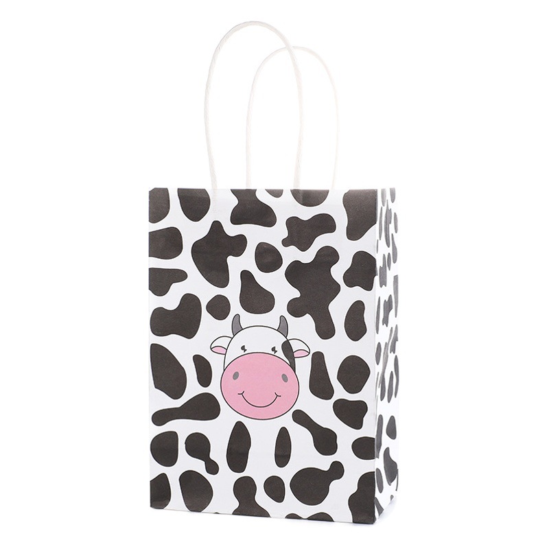 Bolsa de regalo con estampado de vaca en blanco y negro, bolsa de papel portátil, diseño de dibujos animados, regalo para estudiantes, embalaje de dulces, bolsa de papel portátil
