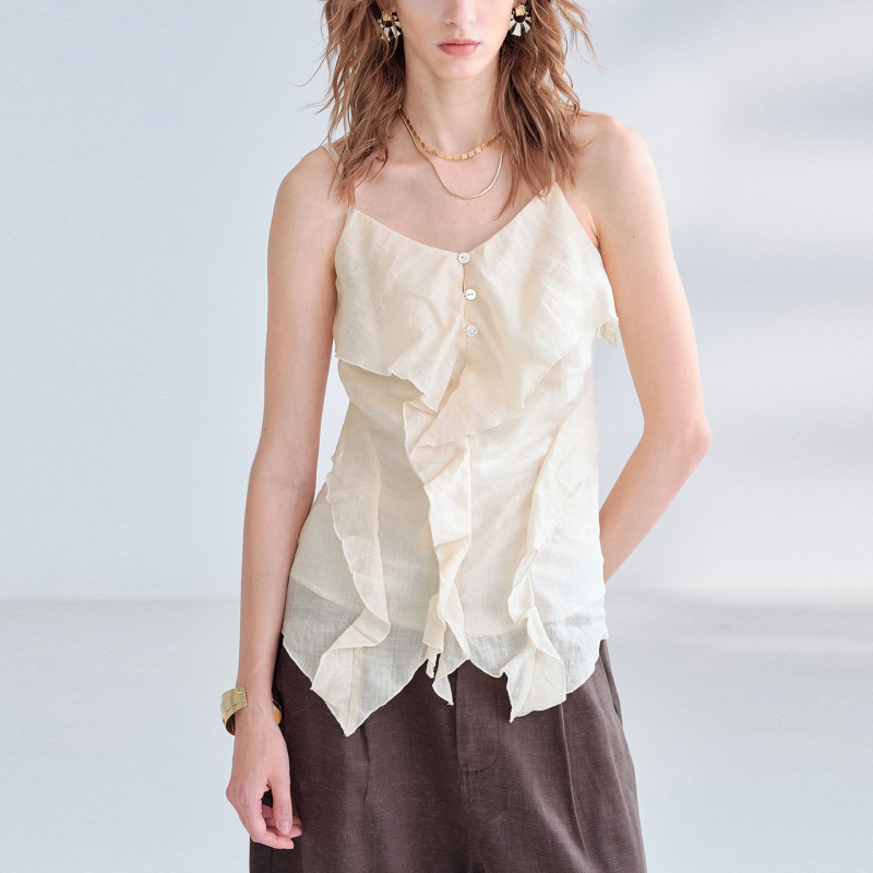 Elegant Pure Ramie Camisole with Irregular Ruffle Design, French-Style Vacation Backless Lightweight Linen Top