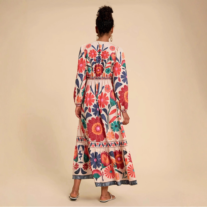 Amazon 2025 Autumn European and American New Long Sleeve Collarless Waist Positioning Printed Women's Long Dress