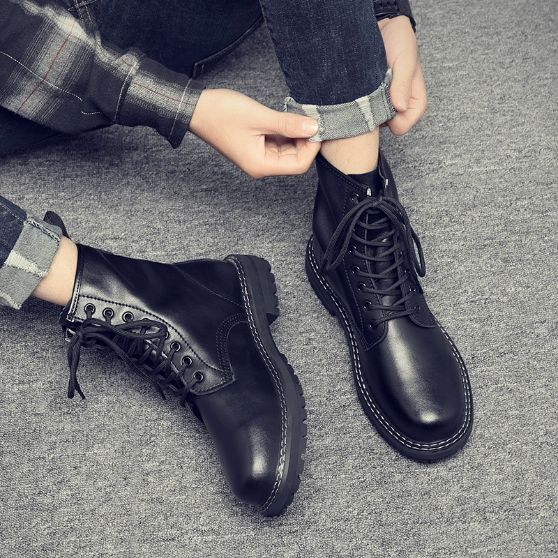 Рабочие ботинки (Martens) черный натуральная кожа, ботинки высокого английского стиля, плюс размеры