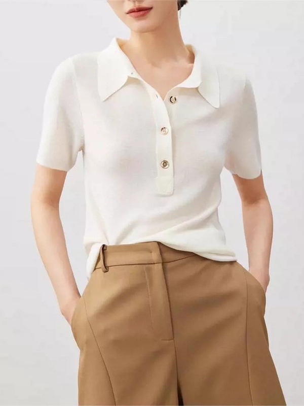 高端品质杨子纱羊毛针织衫短袖t恤女2025新款polo领日韩休闲上衣|undefined