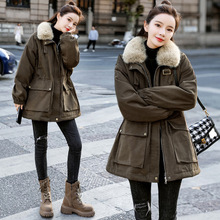 冬装新款韩收腰绣花加厚牛仔棉衣女中长款百搭工装派克服