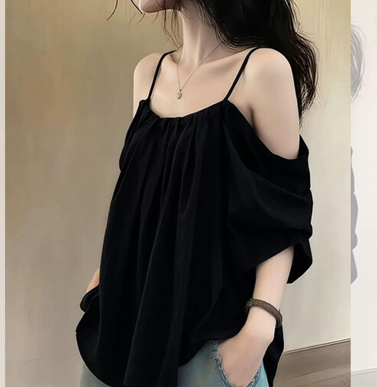 Áo thun nữ cổ tròn basic tay ngắn thiết kế dây thắt lưng — màu đen chi tiết 5