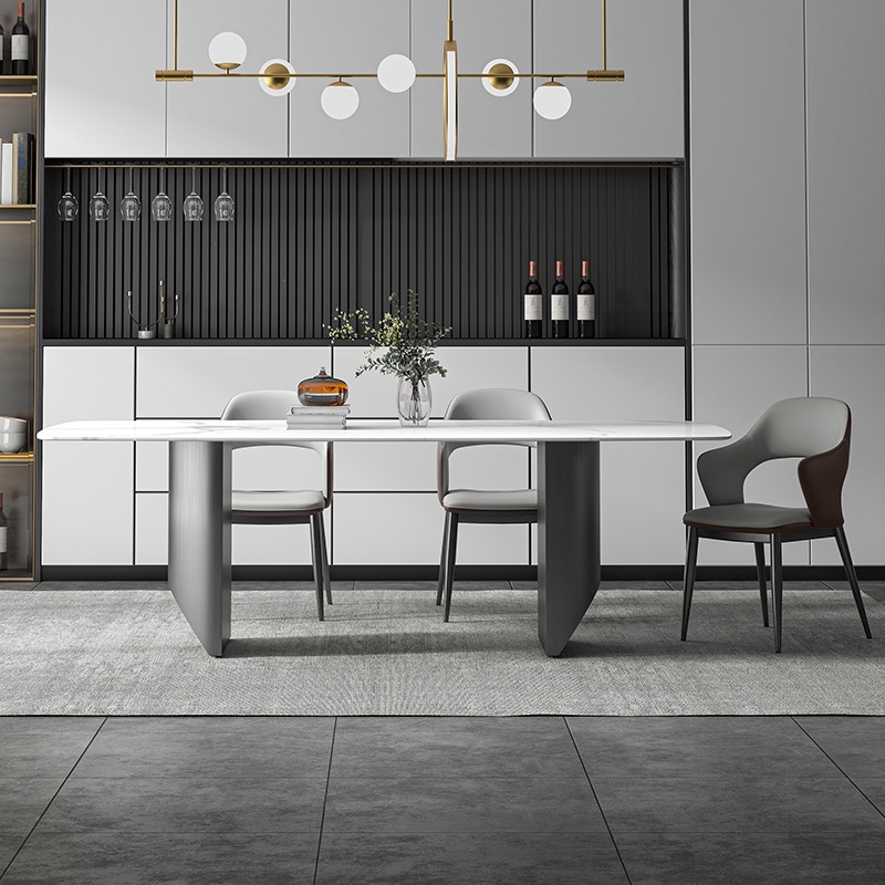 Mesa de comedor ligera de lujo italiano de tabla de roca moderna simple mesa de comedor casera pie de acero inoxidable mesa de comedor de piedra de lujo rectangular