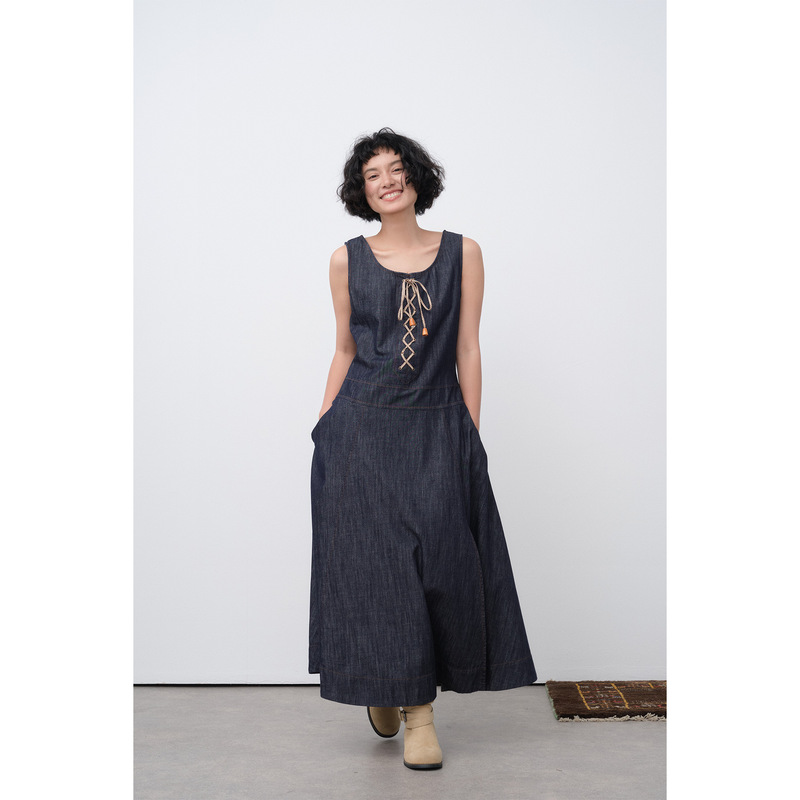 Neihe Sleeveless U-Neck High-End Elegant Denim Style Long Denim Dress for Women Summer 258368