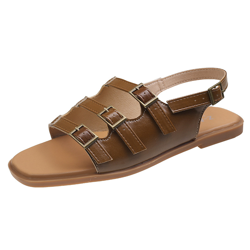 2024 sommer Neue frauen Casual Quadratischen Kopf Römische Schuhe mit Flachem Boden Sandalen_voghion.com