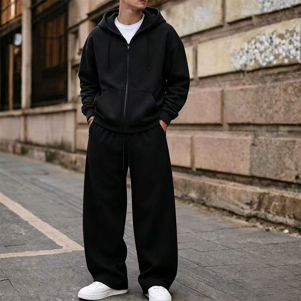 Cross-border foreign trade American style solid color zip-up sweatshirt wide-leg pants suit casual high street hip-hop trendy suit wholesale