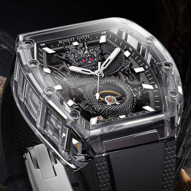 Bugatti Brand Watch Men's Popular Style Cool Waterproof Luminous Transparent Barrel-Shaped Fully Automatic Mechanical Watch