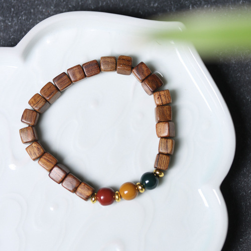 Modern Chinese Black Rosewood Block Bead Bracelet Three-Color Bead Red and Green Traffic Light DIY Style Old-style Ethnic Bracelet