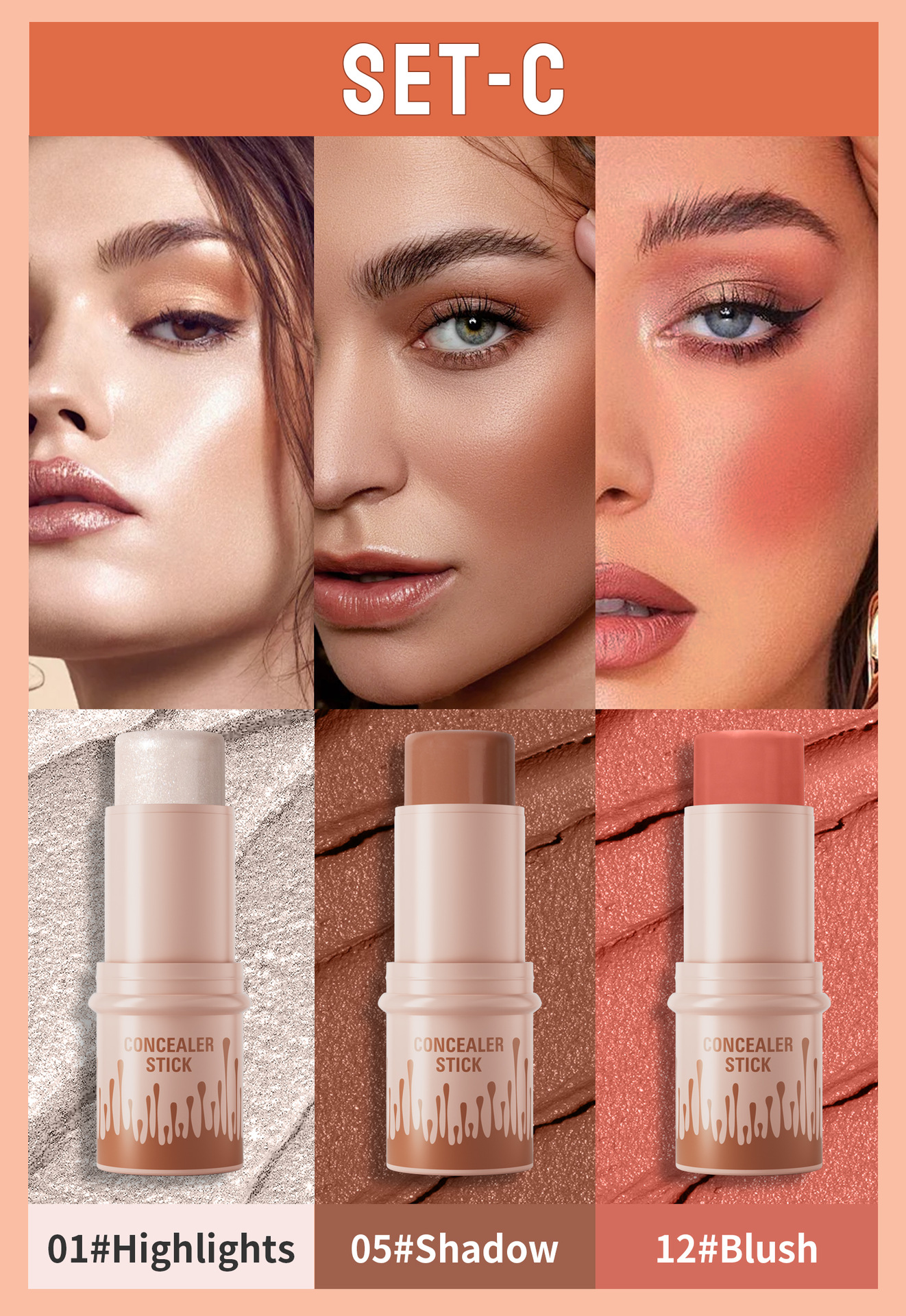 Hellokiss Multifunktionales Konturenstift-Set, 3-teilig: 3D-Konturen, Highlighten und aufhellender Rouge-Stift_voghion.com