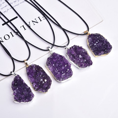 Natural Amethyst Cluster Pendant, Amethyst Cluster Raw Stone Necklace for Men and Women, Silver-Plated Gold-Trimmed Crystal Hangings for Cross-Border Shipping