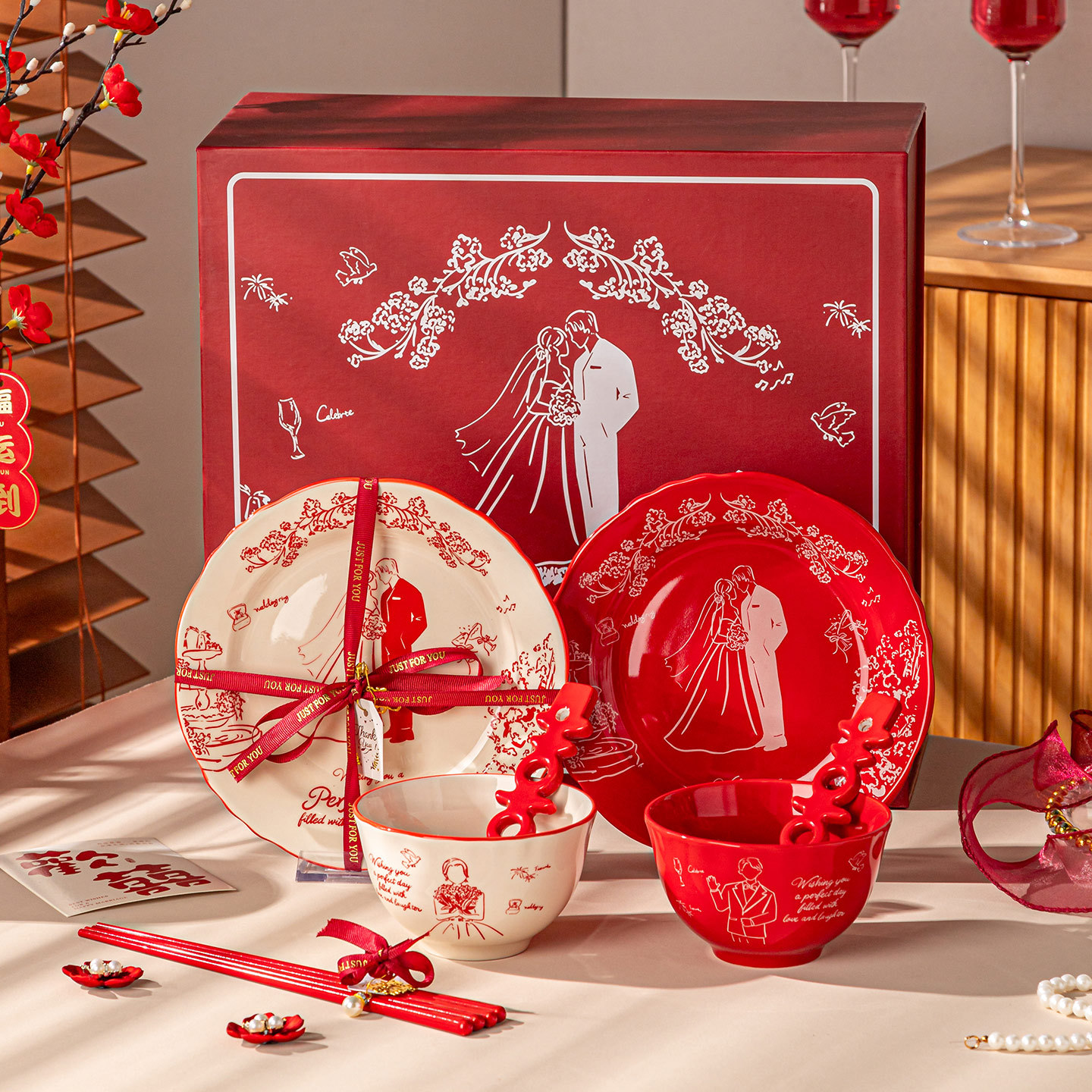 Bozos de boda de alta calidad, platos de fiesta, cubiertos, cajas de regalo, casadas, regalo de mano, cubiertos de cerámica, set de regalo