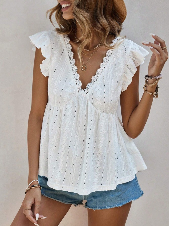 2026 European And American Cross Border Women's Spring And Summer New Fashionable Hollow V-neck Lotus Leaf Short Sleeved Lace T-shirt Top_ecoleips.com