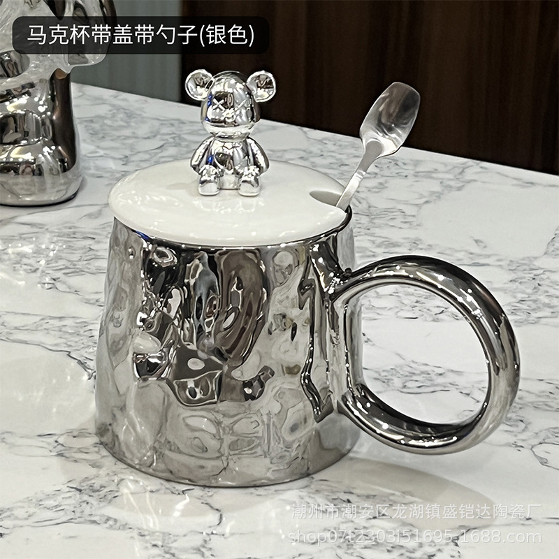 インスタ风高级軽豪華セラミックカップ高颜値マグカップ盖付きスプーンオフィスコーヒーカップ高级感ギフト|undefined