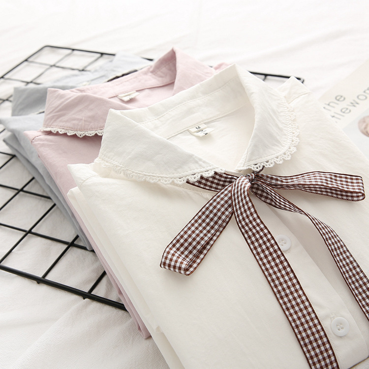 Spring and Autumn Japanese Style Fresh Style Lace Long-sleeved White Shirt Women's Loose All-match Lace-up Base Shirt