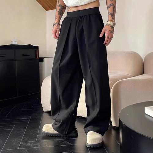 Direct Factory Supply 'Shrimp Line Single Fold Wide Comfort Drape' Contrast Color Stretch Waist Casual Pants Men Thick Loose Western Trousers