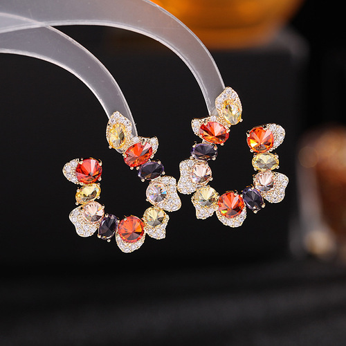 Korean new earrings candy color C-shaped earrings for women simple and sweet temperament S925 silver needle colorful zirconium garland earrings