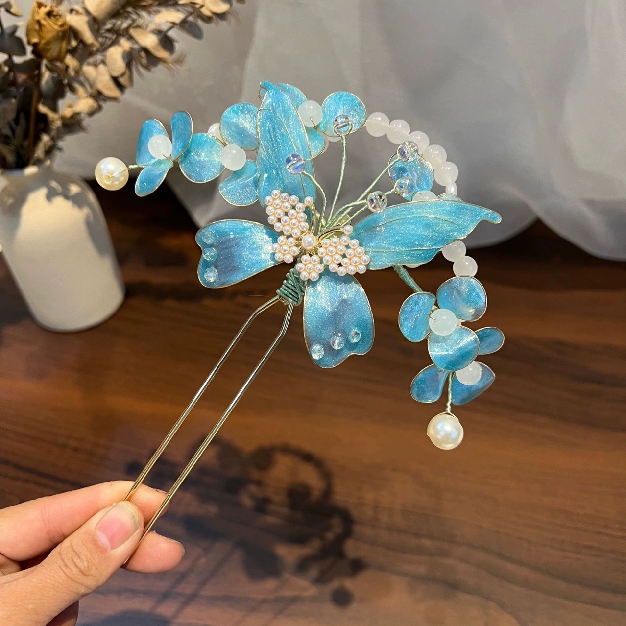 Синяя бабочка, танец с водой, свадебный головной убор, новый китайский стиль, синяя заколка для волос, древний стиль, Cheongsam, свадебное шоу He