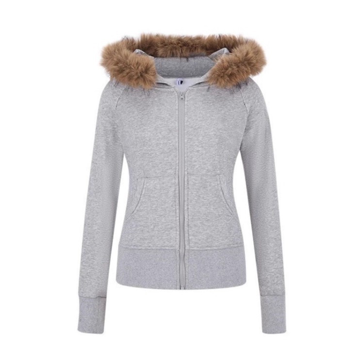 Detachable fur collar gray hooded slim-fit sweatshirt jacket for women, 2025 autumn and winter, fleece-lined, slim-fit, long-sleeved, trendy top Detachable fur collar gray hooded slim-fit sweatshirt jacket for women, 2025 autumn and winter, fleece-lined, slim-fit, long-sleeved, trendy top