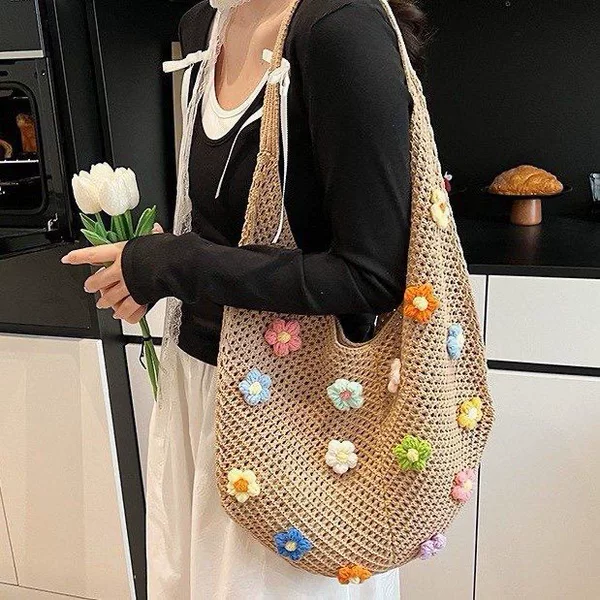 Cross-Border New Style Women's Cute Flower-Decorated Woven Bag, Handmade Large-Capacity Shoulder Underarm Bag, French Pastoral Style