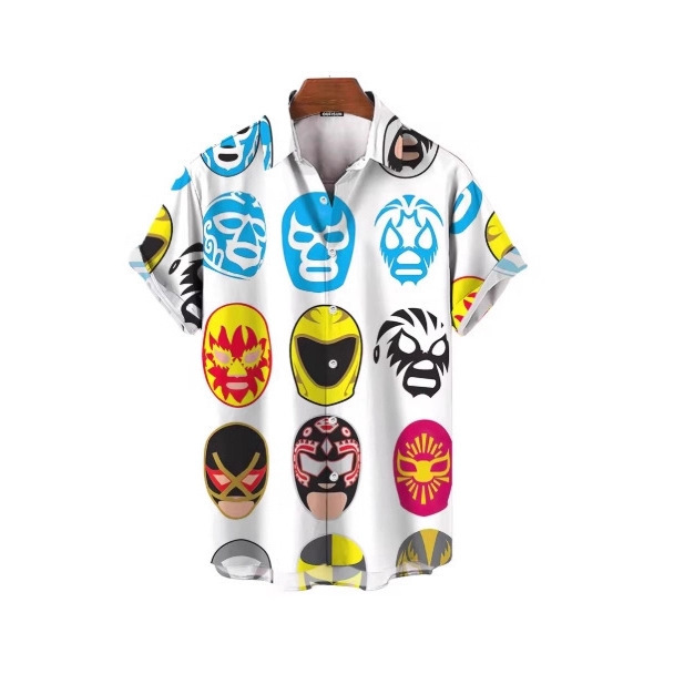 Men's 3D Mask Print Lining Summer Wrestling Short Sleeve Shirt Men's Hawaiian Casual Shirt Mexican Wrestling Shirt