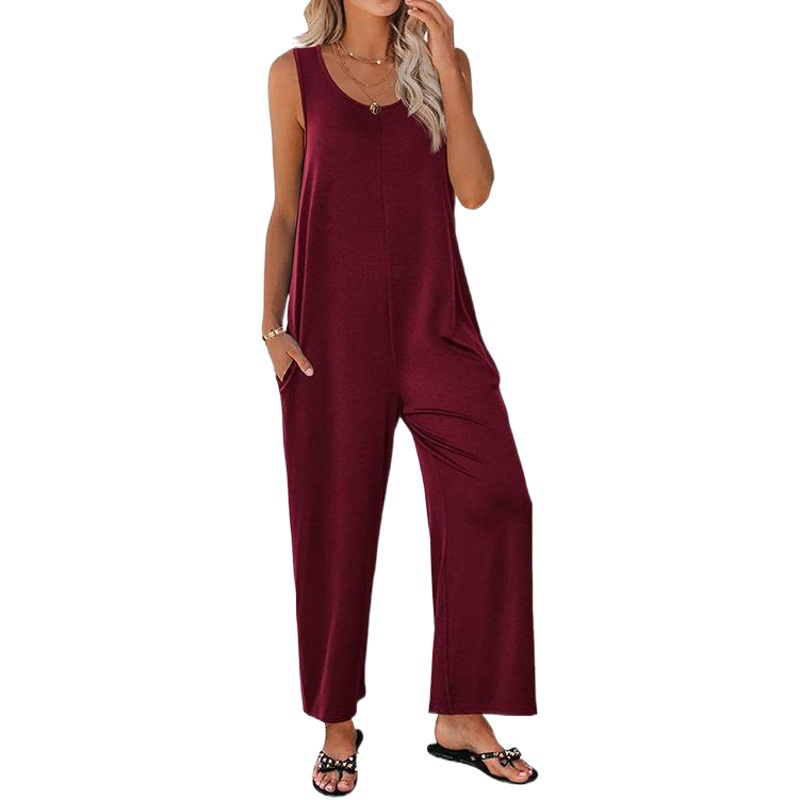 2024 Comercio exterior transfronterizo Amazon Europa y América del verano de las mujeres Sling flojo recto color sólido pierna ancha pantalones de una pieza liguero