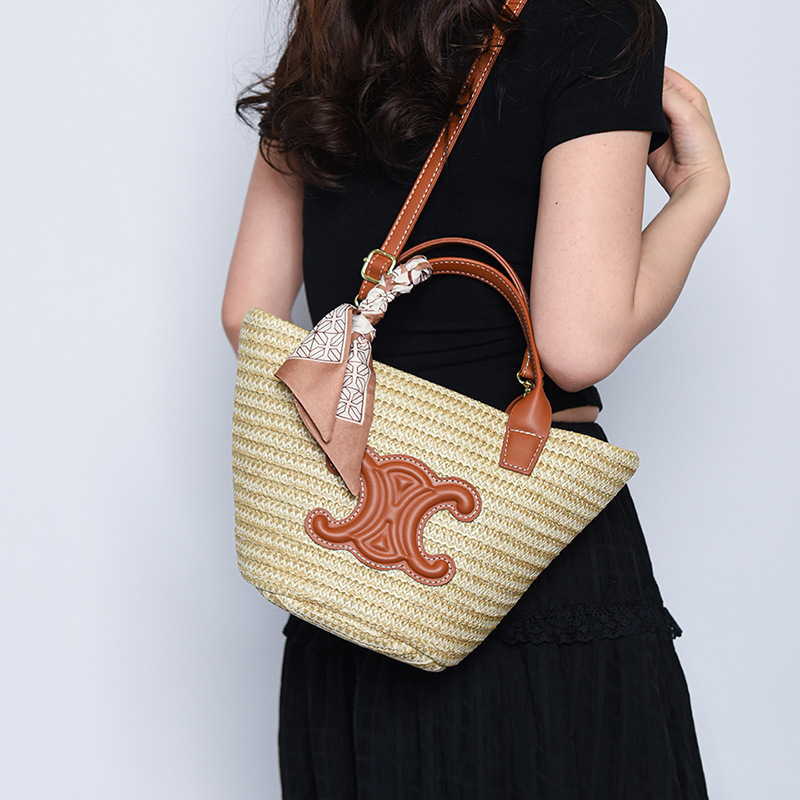 Cross-Border Retro Straw Bag Arc De Triomphe Beach Vacation Bag Portable Vegetable Basket Bag Large Capacity Tote Bag
