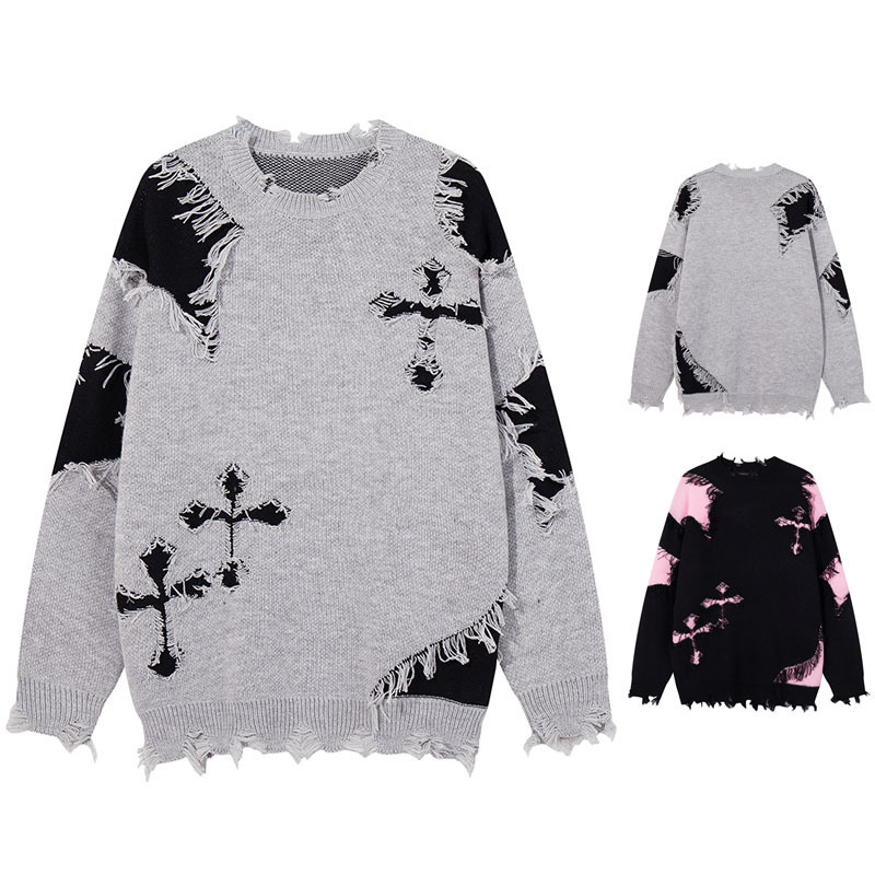 Ripped Tassel Cross Knitwear Men's Patchwork Contrasting Color Personalized High-End Knitwear Foreign Trade Cross-Border Wholesale