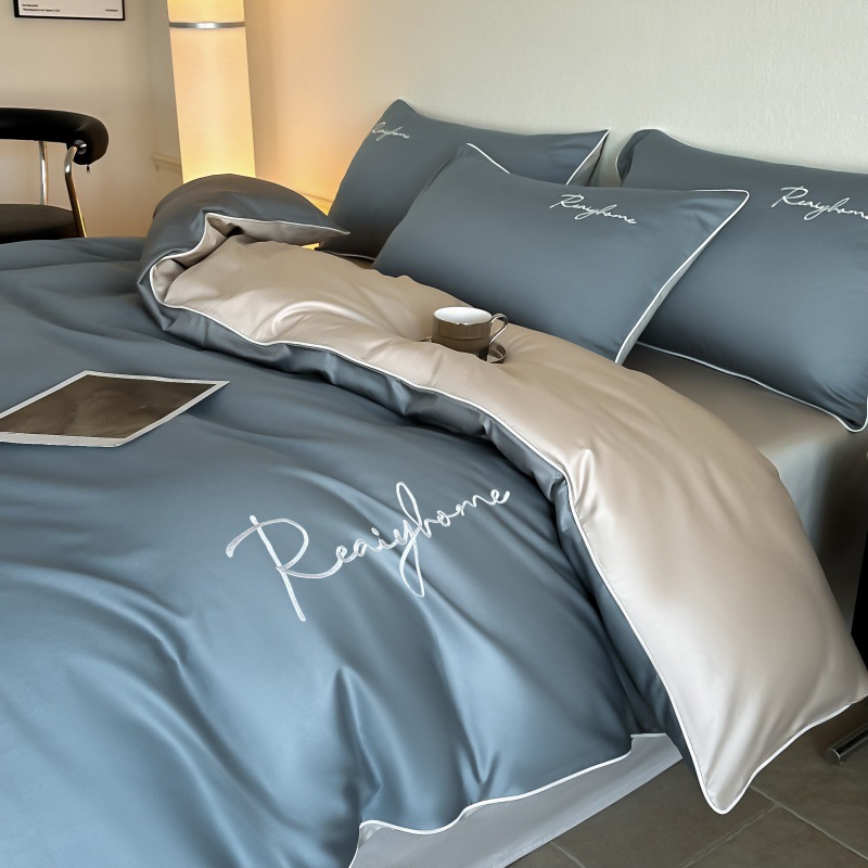 Cucca gris-azul [tejido de algodón para dormir desnudo agradable para la piel] / Estilo de sábana de 0,9-1,2 m [funda de edredón: 150*200cm] juego de tres piezas