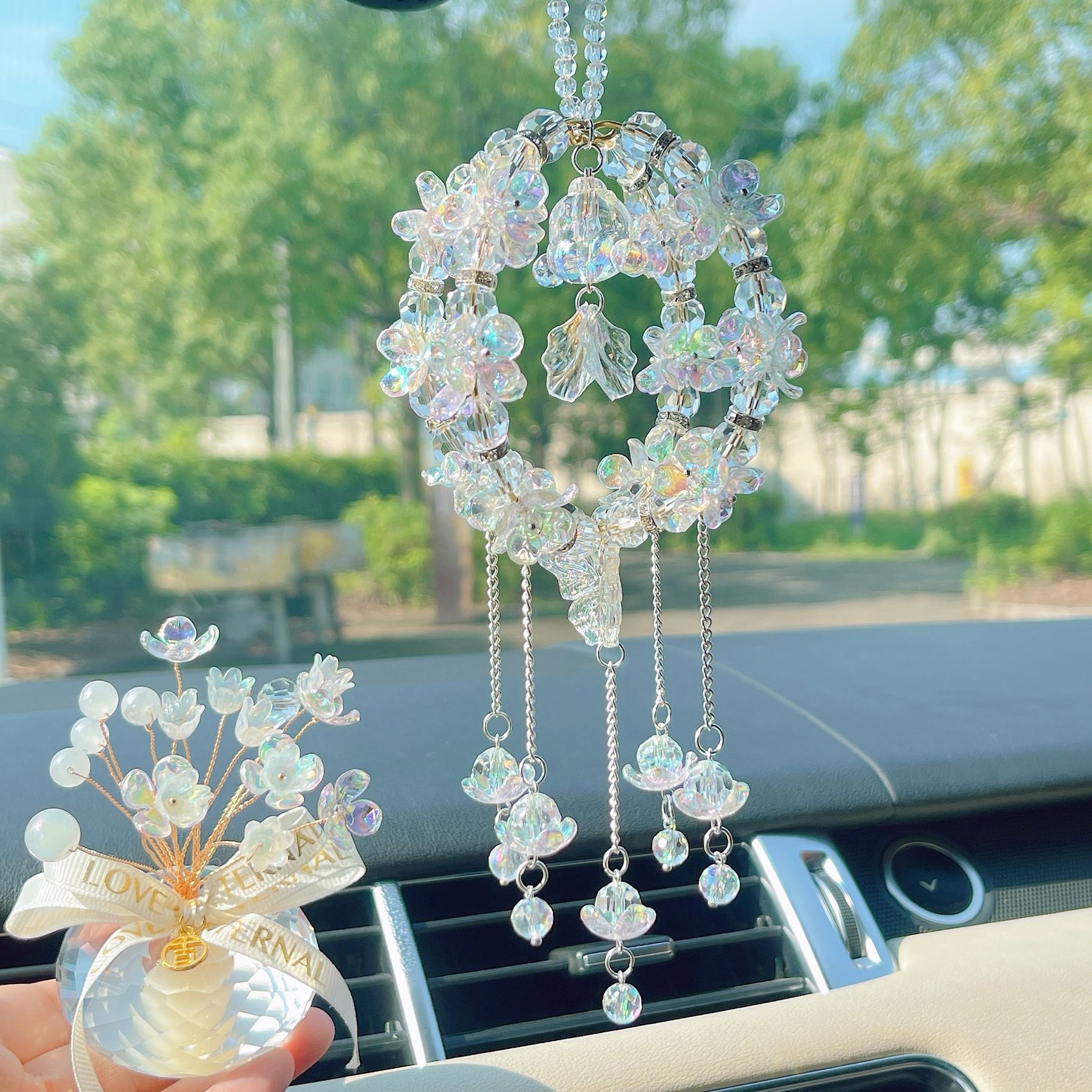 Cute Little Fish 3D Rotating Ball Car Pendant Lily of the Valley Car Decoration Hanging Ornament for Girls' Car Use