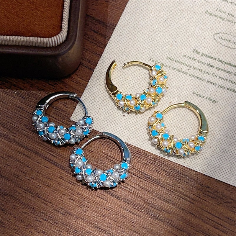 Retro Winding Blue Turquoise Pearl Earrings, Exquisite and High-End Ear Clips, Versatile and Unique Design Ear Jewelry