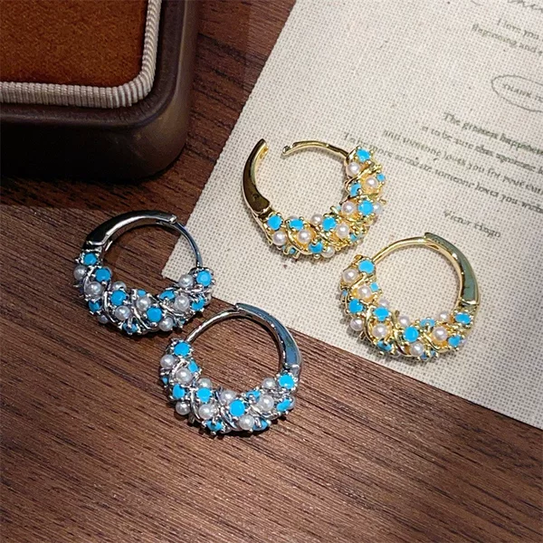 Retro Winding Blue Turquoise Pearl Earrings, Exquisite and High-End Ear Clips, Versatile and Unique Design Ear Jewelry