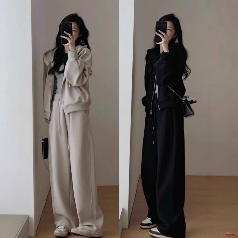 Casual Autumn Sports Fashion Set for Women, Korean Drama Style Short Jacket and Floor-Length Wide-Leg Pants Two-Piece Set