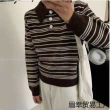 复古条纹领长袖针织衫上衣女春秋宽松软糯休闲百搭套头毛衣潮MX