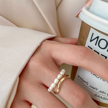 异形小米珠椭圆珍珠戒指女小众设计气质时尚食指戒开口可调节指环