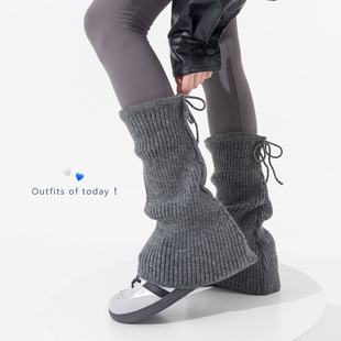 Women's Autumn and Winter Thick Warm Slouch Socks with Bow Tie, Gray Knitted Calf Sleeves