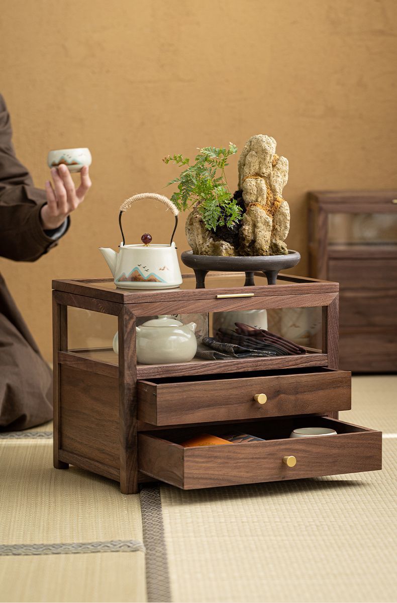 桌面茶壺收納盒子黑胡桃木茶杯茶具架玻璃收納柜實木整理展示柜子|收納