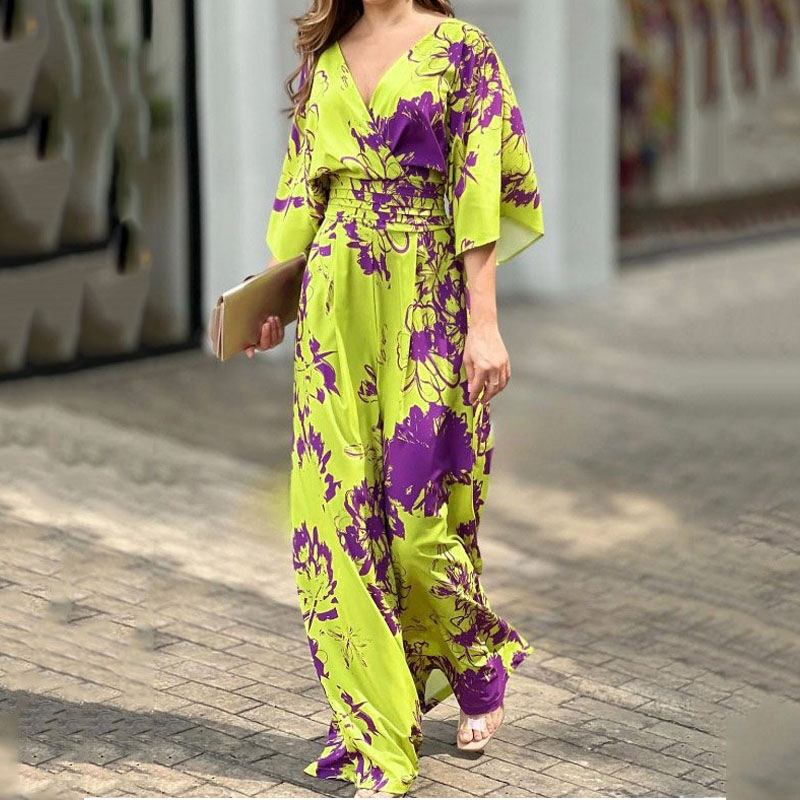 Mono elegante de manga murciélago con estampado holgado y cintura alta para mujer, nueva colección primavera-verano 2025 de comercio exterior transfronterizo.