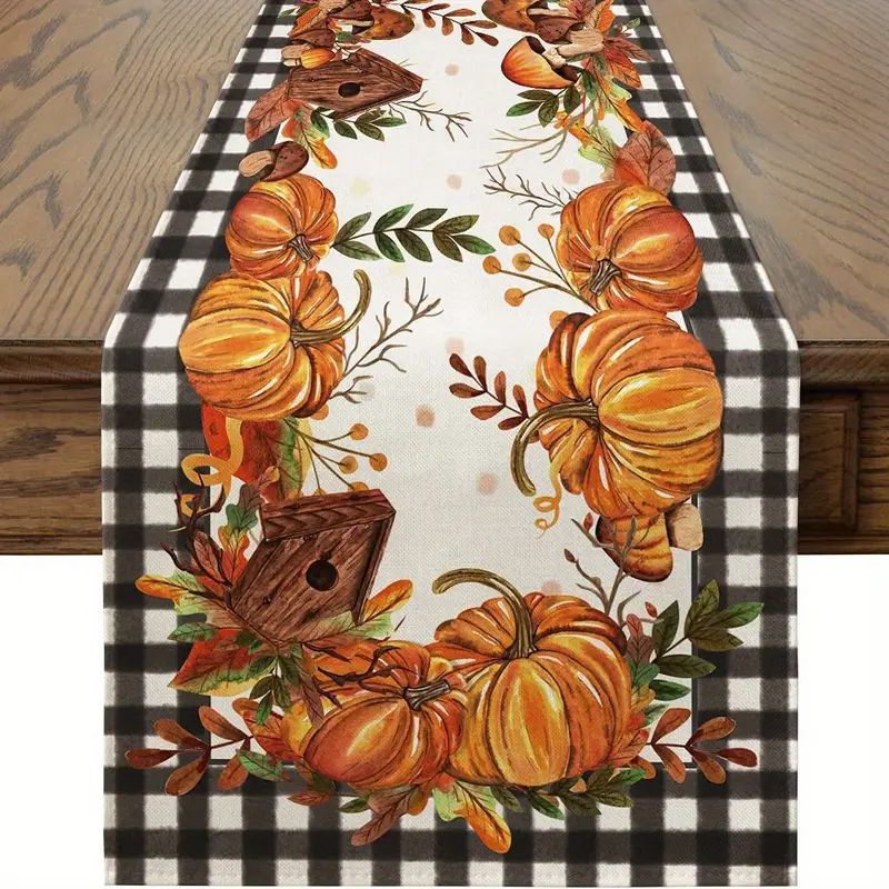 Pumpkin, Lattice Pattern Halloween Thanksgiving Cute Pumpkin Lattice Polyester Table Runner