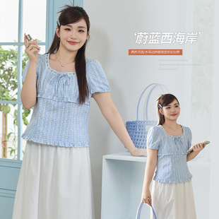 Korean Style Lace Square Collar Plaid Shirt Summer Fat mm Large Size Waist Slimming Look Short-Sleeved T-Shirt 63986
