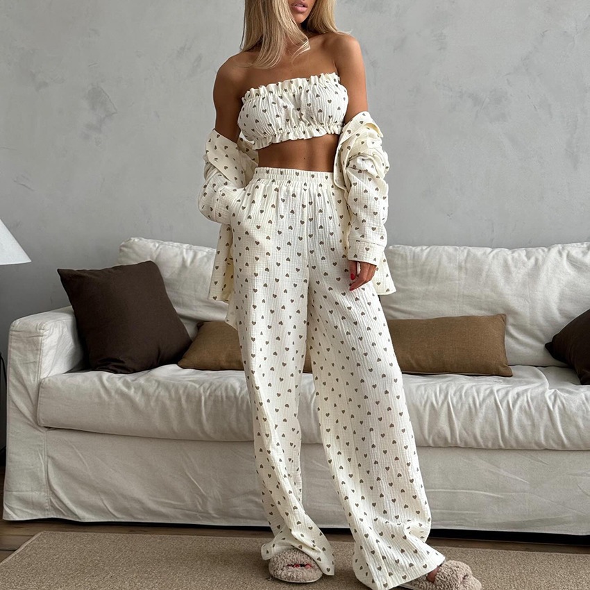 Cross-Border Women's Clothing Summer New Style European and American 2025 Heart Print Pajamas Women's Long-Sleeved Tube Top Long Pants Three-Piece Set
