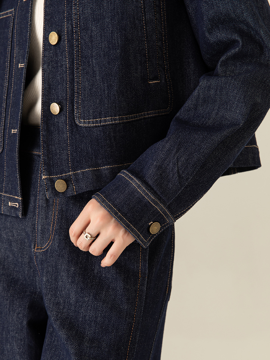 Áo khoác denim nữ phong cách cổ điển tay trễ vai dáng ngắn — màu xanh