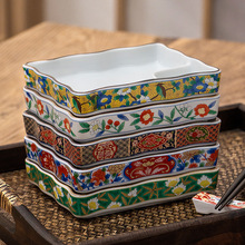 復古長方型陶瓷分格家用壽司盤餃子盤子帶醋碟手工餐具組合早餐盤