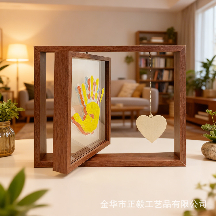 Cross-Border Three-Dimensional Rotating Photo Frame with Palm Print and Heart Pendant, Wooden Writable Creative Double-Frame Desktop Decoration Stand