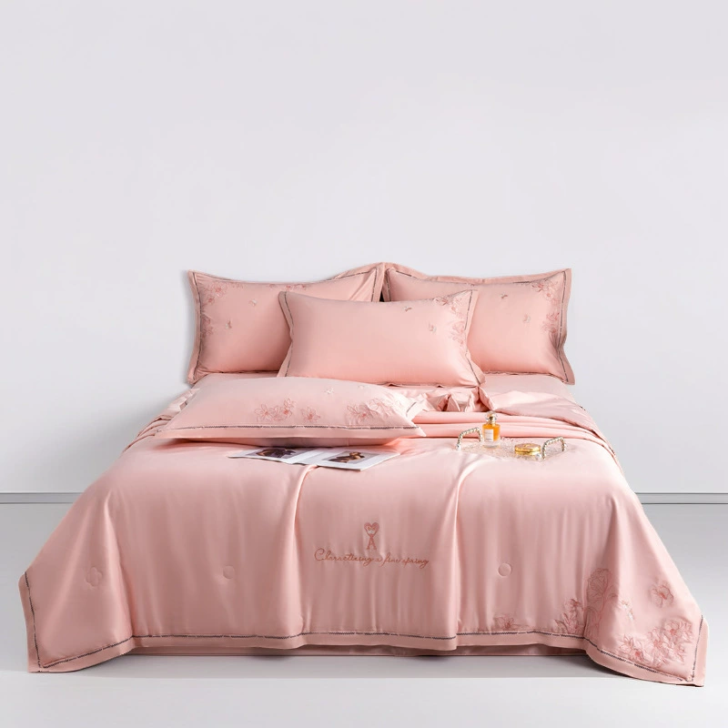 Производитель поставляет новые стираные льняные летние одеяла из лиоцелла 50s Tencel с вышивкой, четырехкомпонентные, для кондиционеров, летние прохладные одеяла оптом.