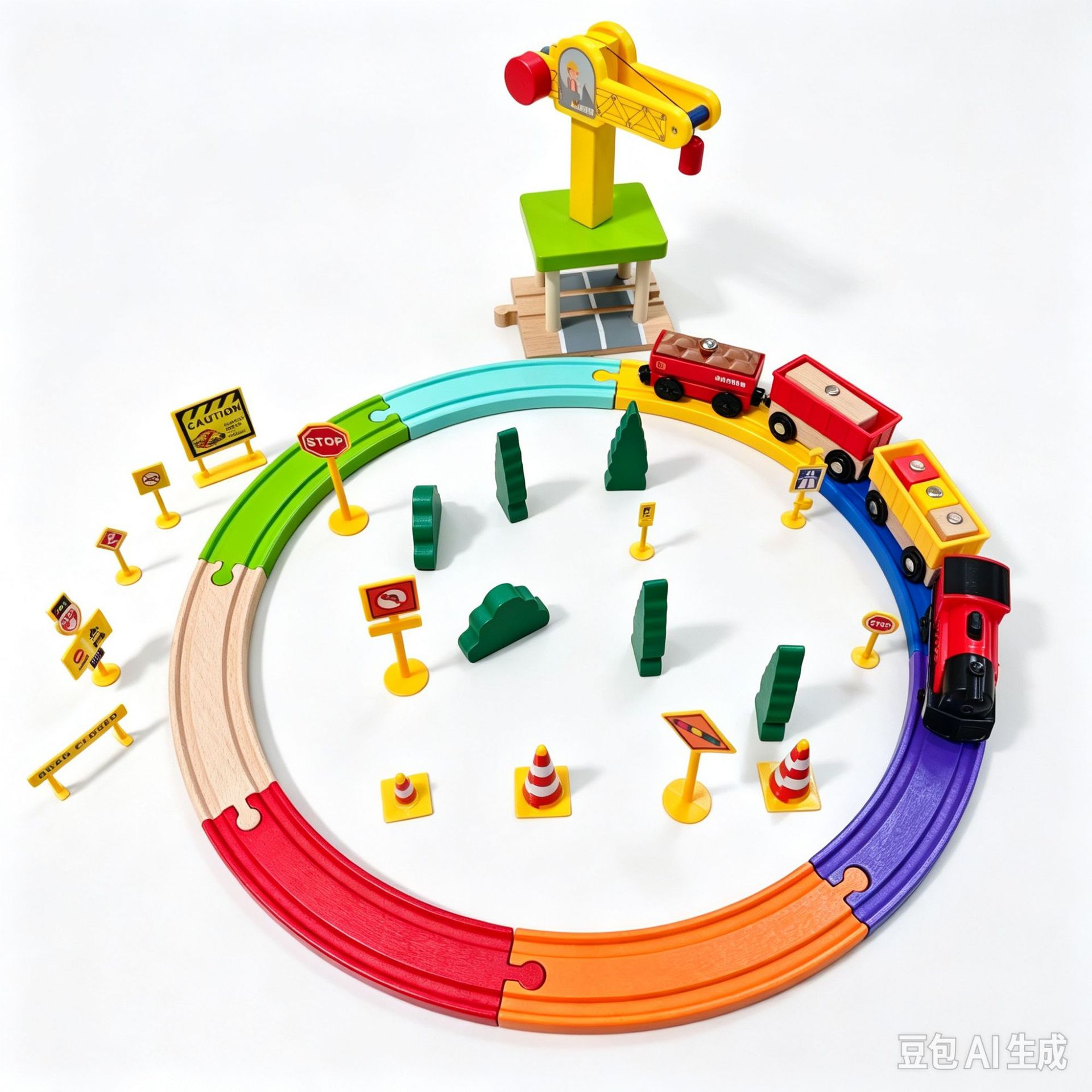 Cross-Border Exclusive Supply of Wooden Track Electric Train Set with 8 Pieces of Colorful Large Curved Tracks and Crane, Compatible with Multiple Track Systems