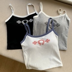 韓国の甘いホットガール超人気の水牛サンスクリットプリントキャミソール女性用胸パッド付きスリムフィットインナーショートトップトレンディ